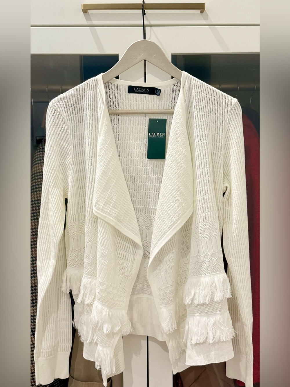 NWT - Lauren Ralph Lauren Open Knit Fringe Cardigan Sweater Size L